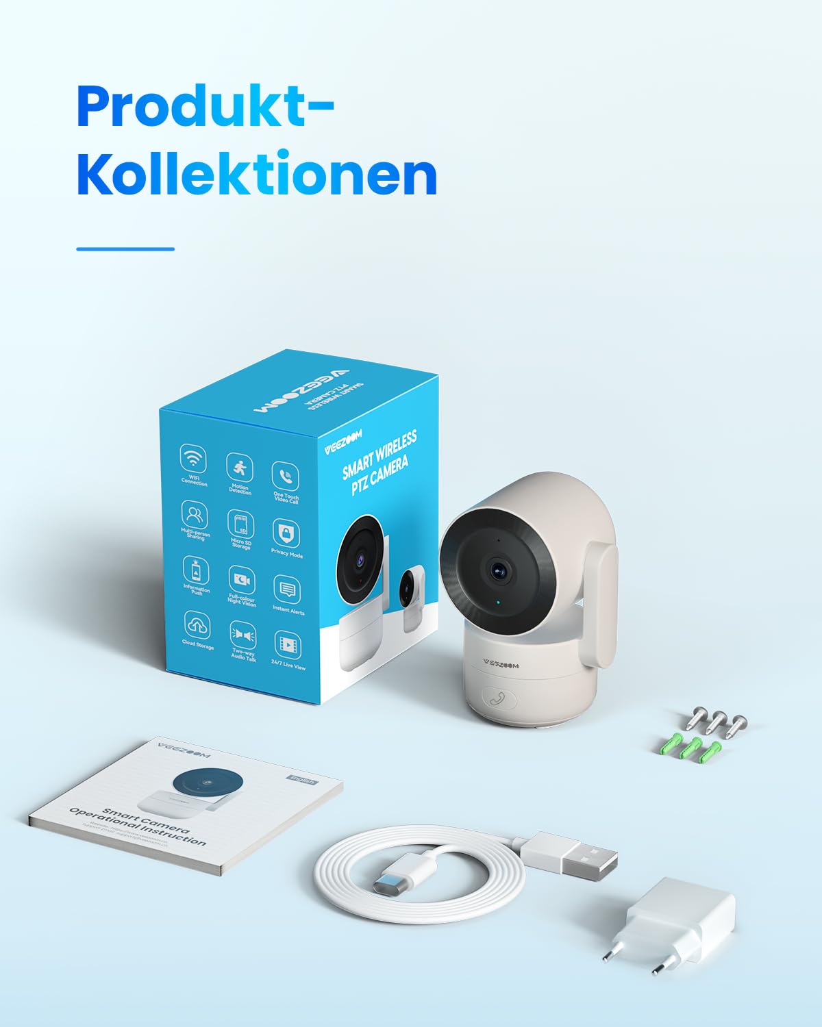 VEEZOOM 4MP WLAN Kamera Indoor, 360° PTZ Kamera Überwachung Innen, 2.4G WiFi Baby/Haustier Innenkamera, HD-Nachtsicht, KI Personenerkennung, One-Touch-Anruf, Automatische Verfolgung, 504D