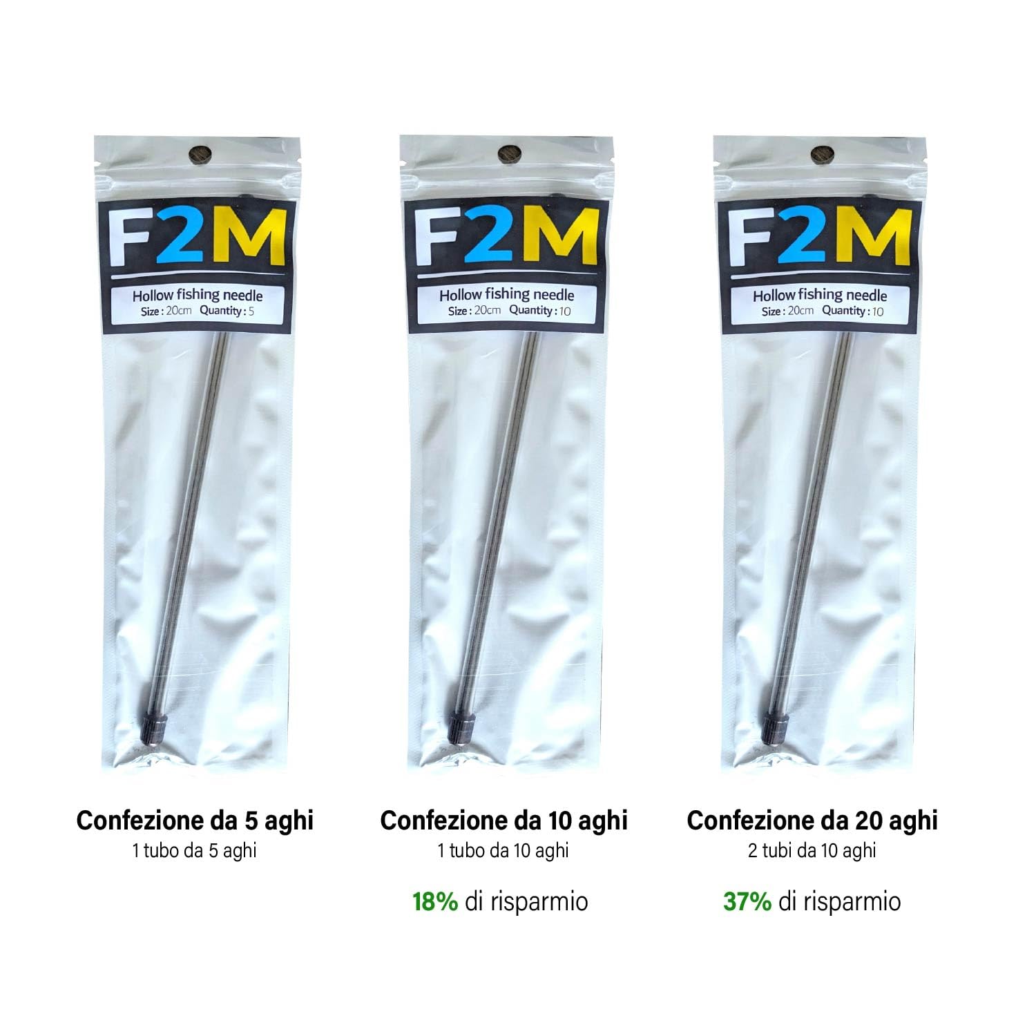 F2M - Scatola di 5 aghi da pesca cavi per escher verso sardine crostacei molluschi - confezioni di aghi da locher + rulli filo da legatura - Lotti aghi + legatura esche - Pesca mare acqua dolce