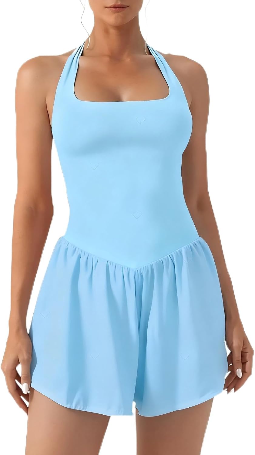 AJISAI Halter Athletic Romper with Shorts Workout Outfits with Pockets Casual One Piece Jumpsuits for Women 2026