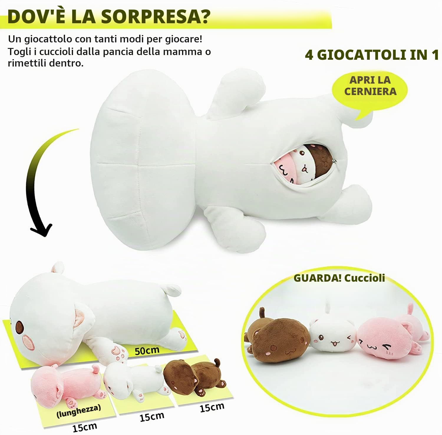 shownicer Peluche Gatto Mamma con 3 Gattini, Animali di Peluche, Bambola di Peluche Cuscino in Peluche Giocattolo Morbido, Regalo per Bambini Ragazza 3+ Anni (Gatto Famiglia)