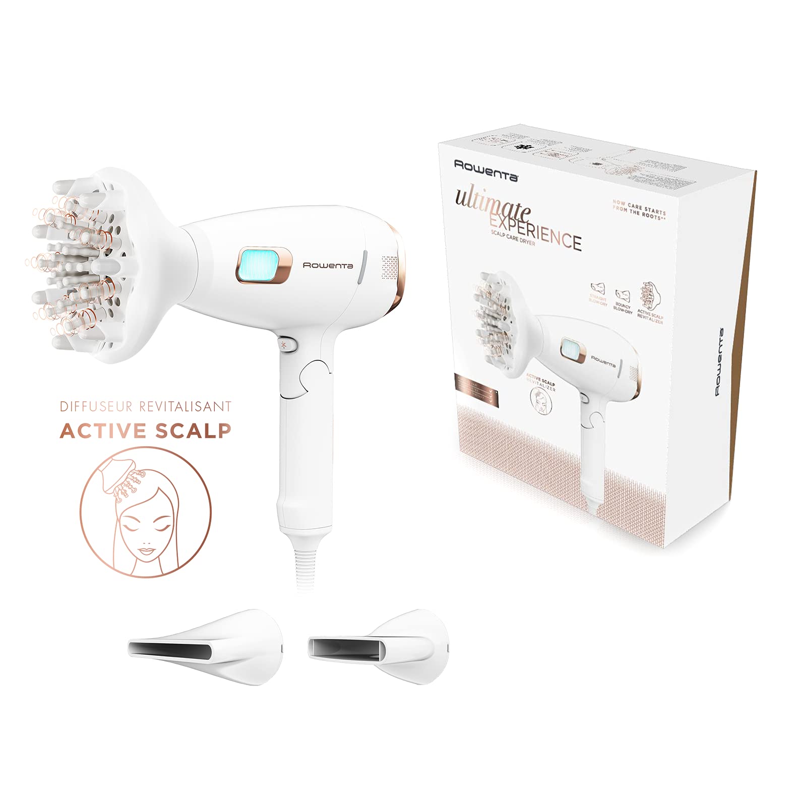 Rowenta Ultimate Experience Sèche-cheveux 2200 W, Moteur numérique haute performance, Booster d'ions, Doigts rotatifs doux, 2 en 1 avec massage revitalisant de la tête CV9240F0