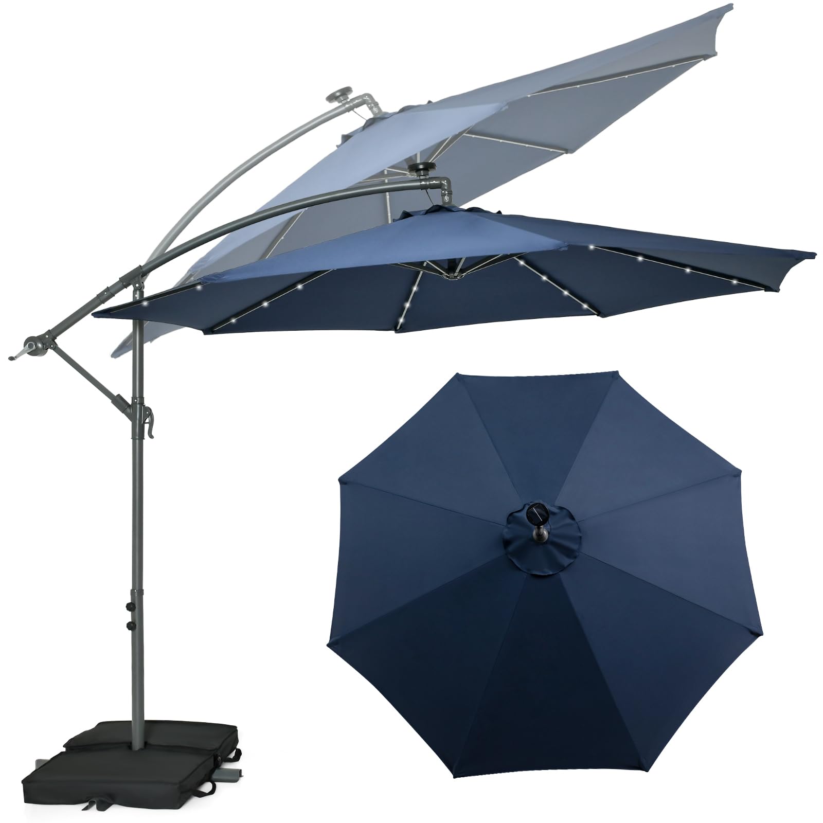 KOMFOTTEU Sombrilla 3x3m de Jardín con 40 Luces LED Solares, Parasol Inclinable con Base Saco de Arena, Sombrilla Terreza Exterior con Protección UV, Sombrilla Grande para Patio, Piscina
