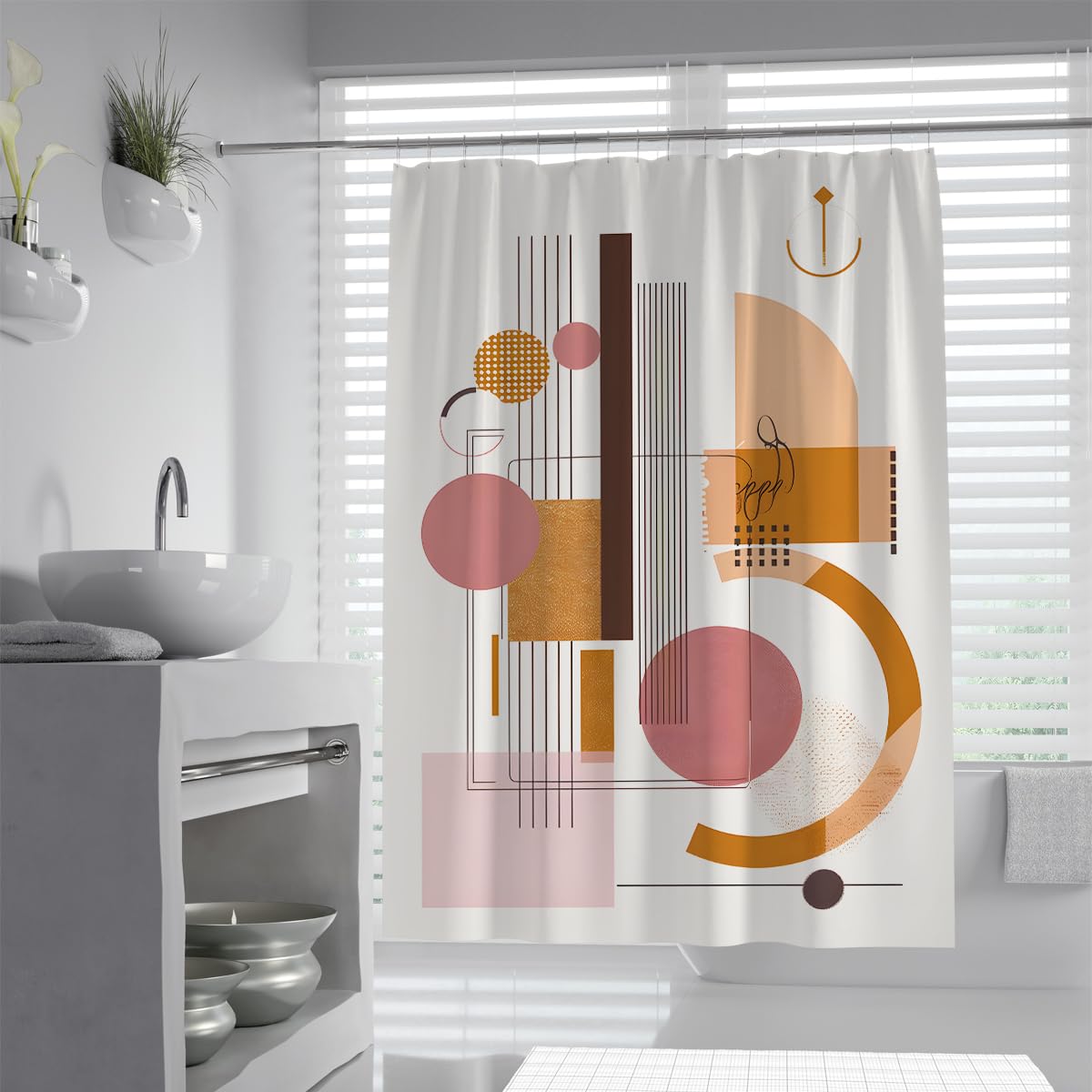 UIRINGART Minimalist Shower Curtains W200xL220cm Abstract Geometric Square Grid Vertical Line Arch Arrow Pink Brown Print Mildew Mould Resistant Fabric Bathroom Curtain