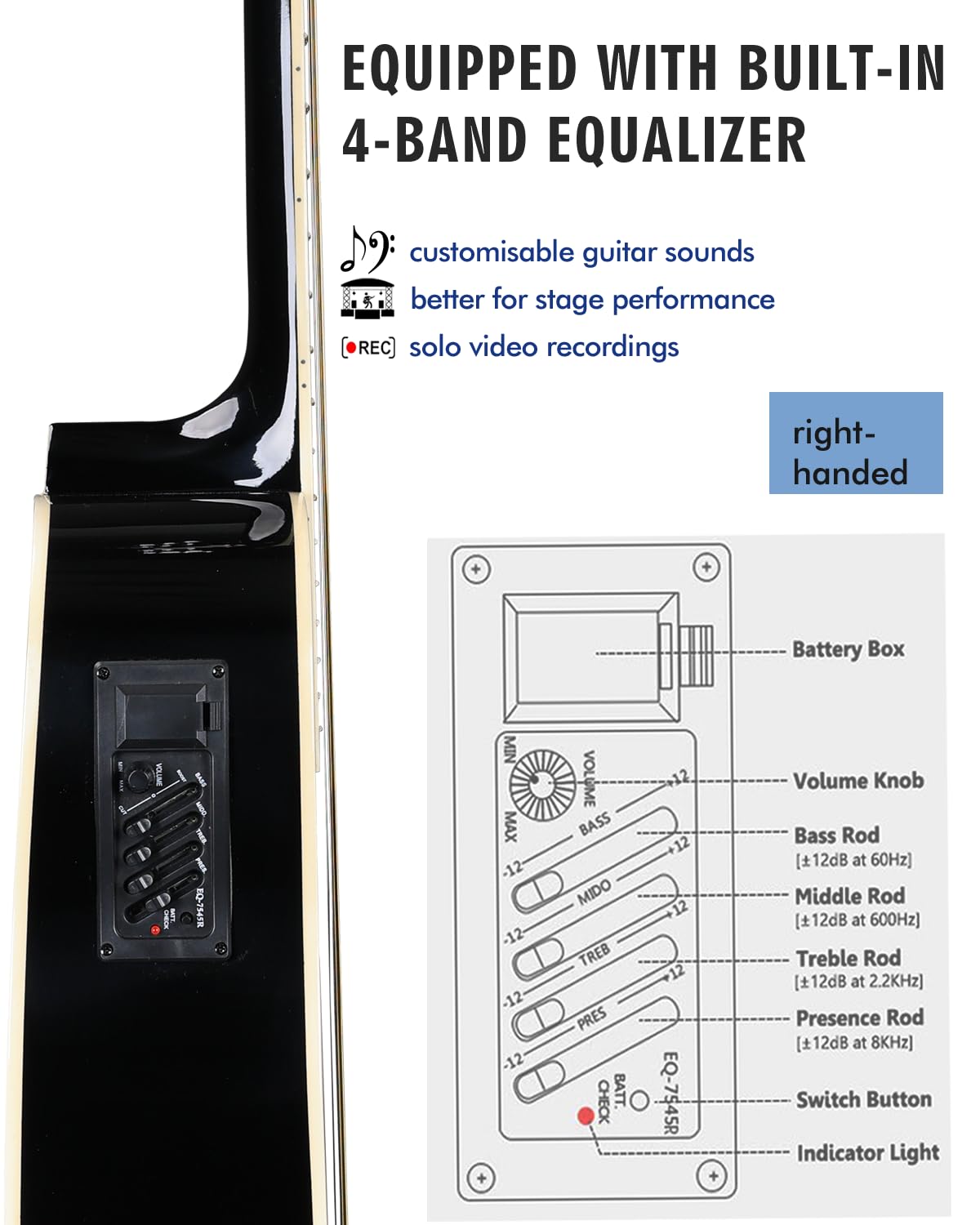 Winzz Chitarra Elettroacustica 41 Pollici Dreadnought con Equalizzatore a 4 Bande, Nero