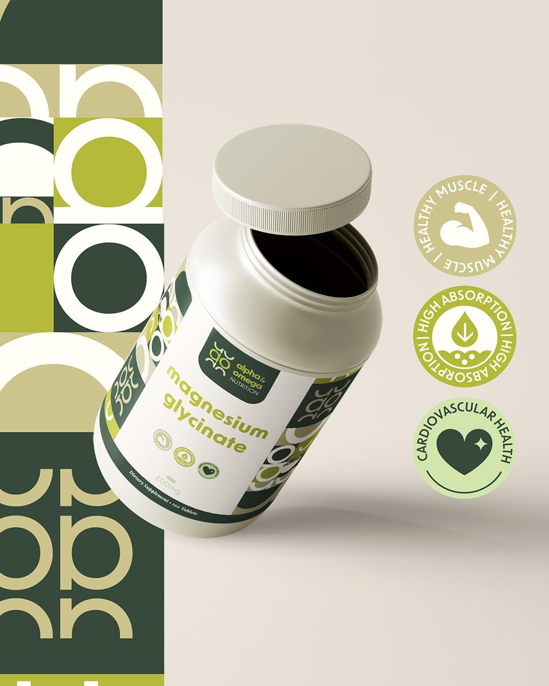 Alpha & Omega Nutrition Magnesium Glycinate 400mg - Supplement to Support Stress Relief, Sleep, Heart Health, Nerves and Muscles, Gluten Free, Non-GMO - 120 Tablets, 2 Month Supply