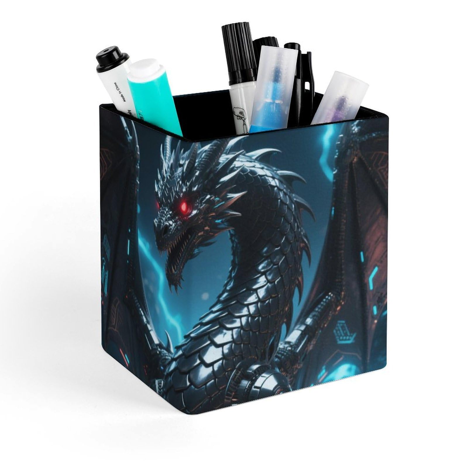 DWVTSLH Aesthetic Pen Holder for Desk - Modern Leather Pencil Holder - Stylish Square Makeup Brush Holder - Dragon Pen Cup Cute And Functional Desk Organizer for Office Supplies
