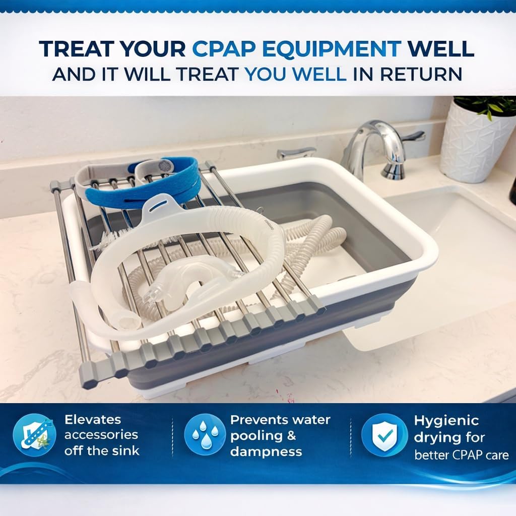 Drying Rack CPAP Cleaning Kit with Collapsible Wash Basin, Cleaning Brush & Drying Rack – CPAP Hose & Mask Cleaner Set – Grey | with Drying Rack