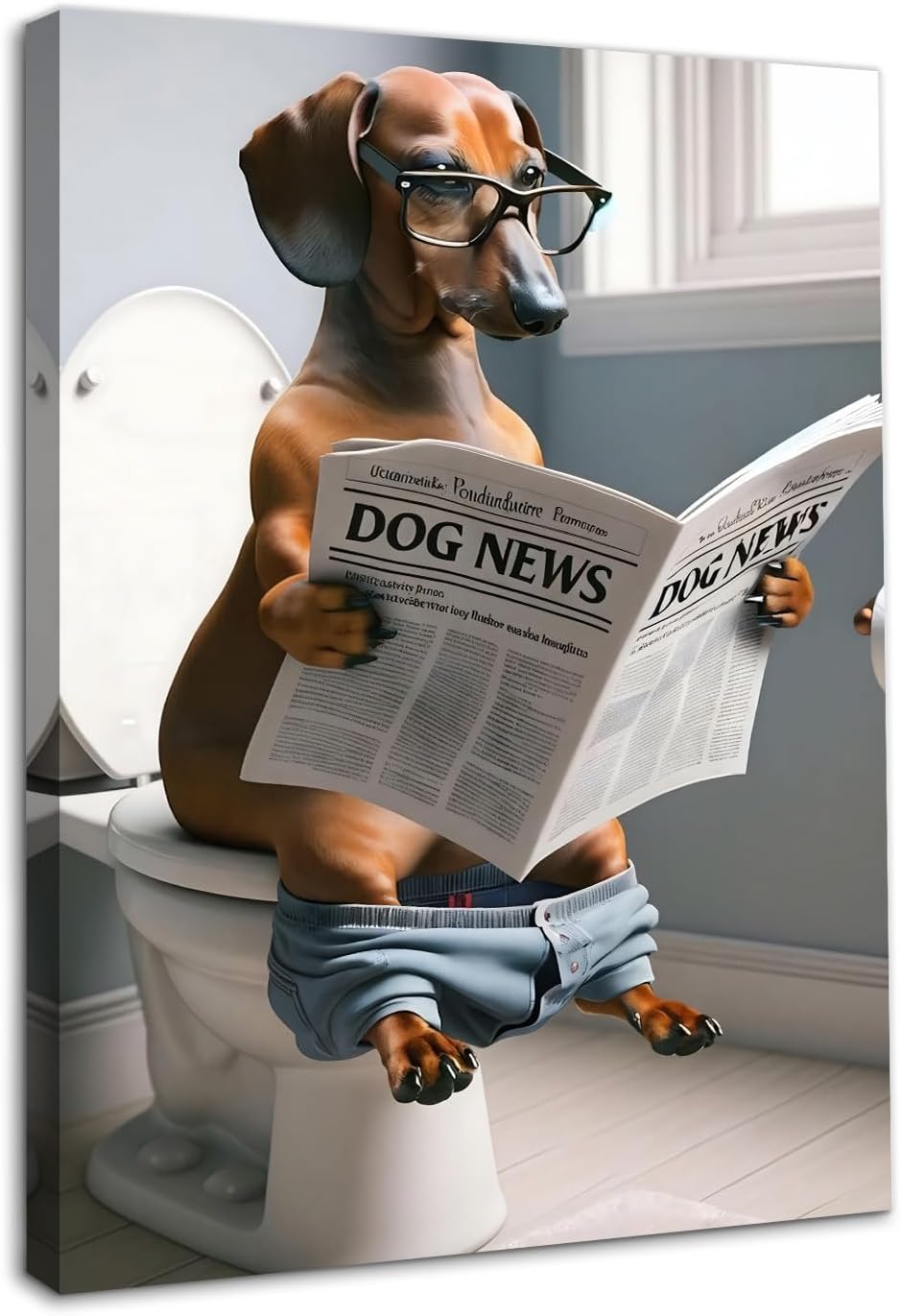Framed Funny Bathroom Wall Art Dog on Toilet Picture, Humor Animal Poster for Bathroom Toilet Decor 12×16 in, Pet Lover Gift