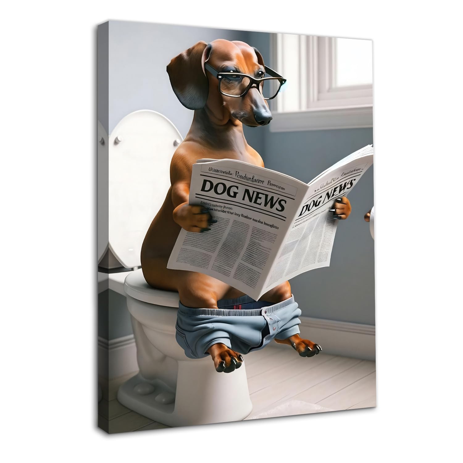 Dazzlewall Framed Funny Bathroom Wall Art Dog on Toilet Picture, Humor Animal Poster for Bathroom Toilet Decor 12×16 in, Pet Lover Gift