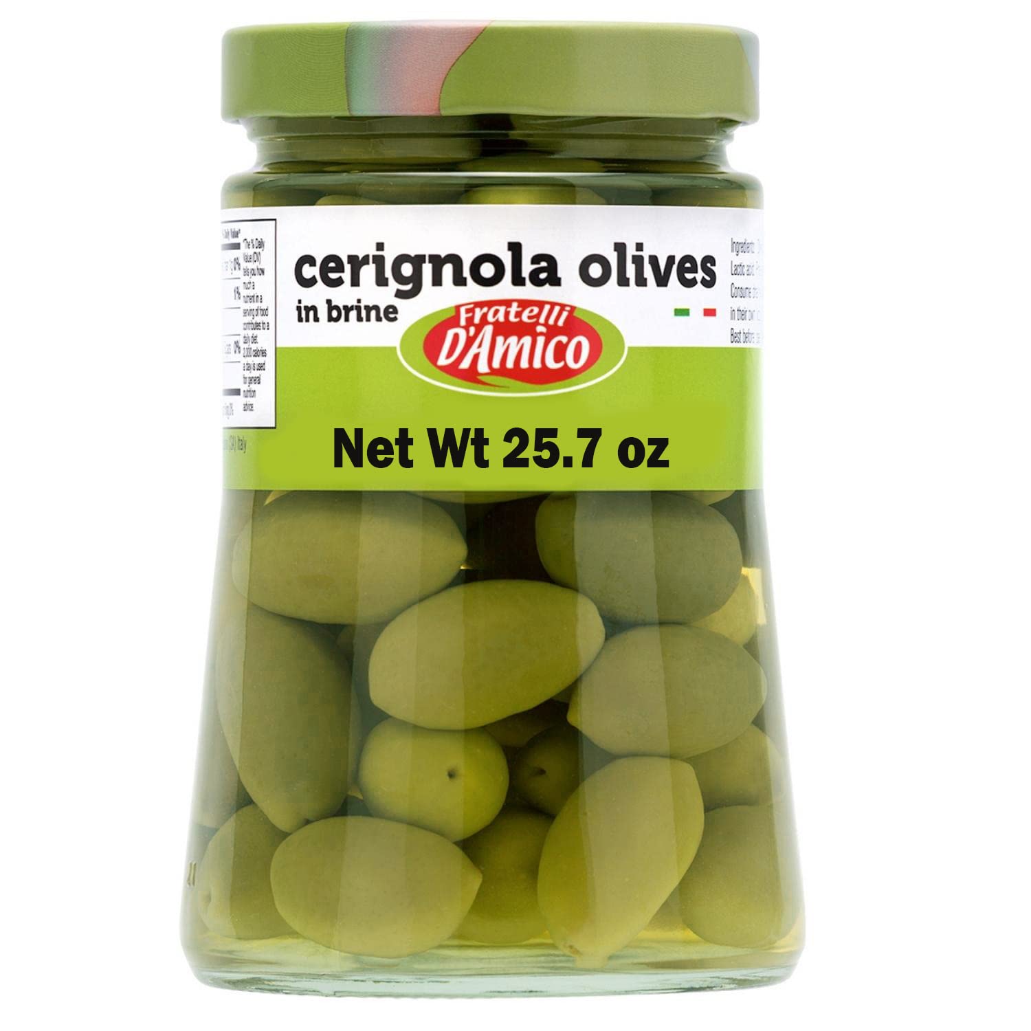 FRATELLI D'AMICO - Cerignola Olives, Green Olives In Brine, 25.7 oz Family-size Net Weight 25.7 oz (730) g, NON-GMO (Pack of 2)