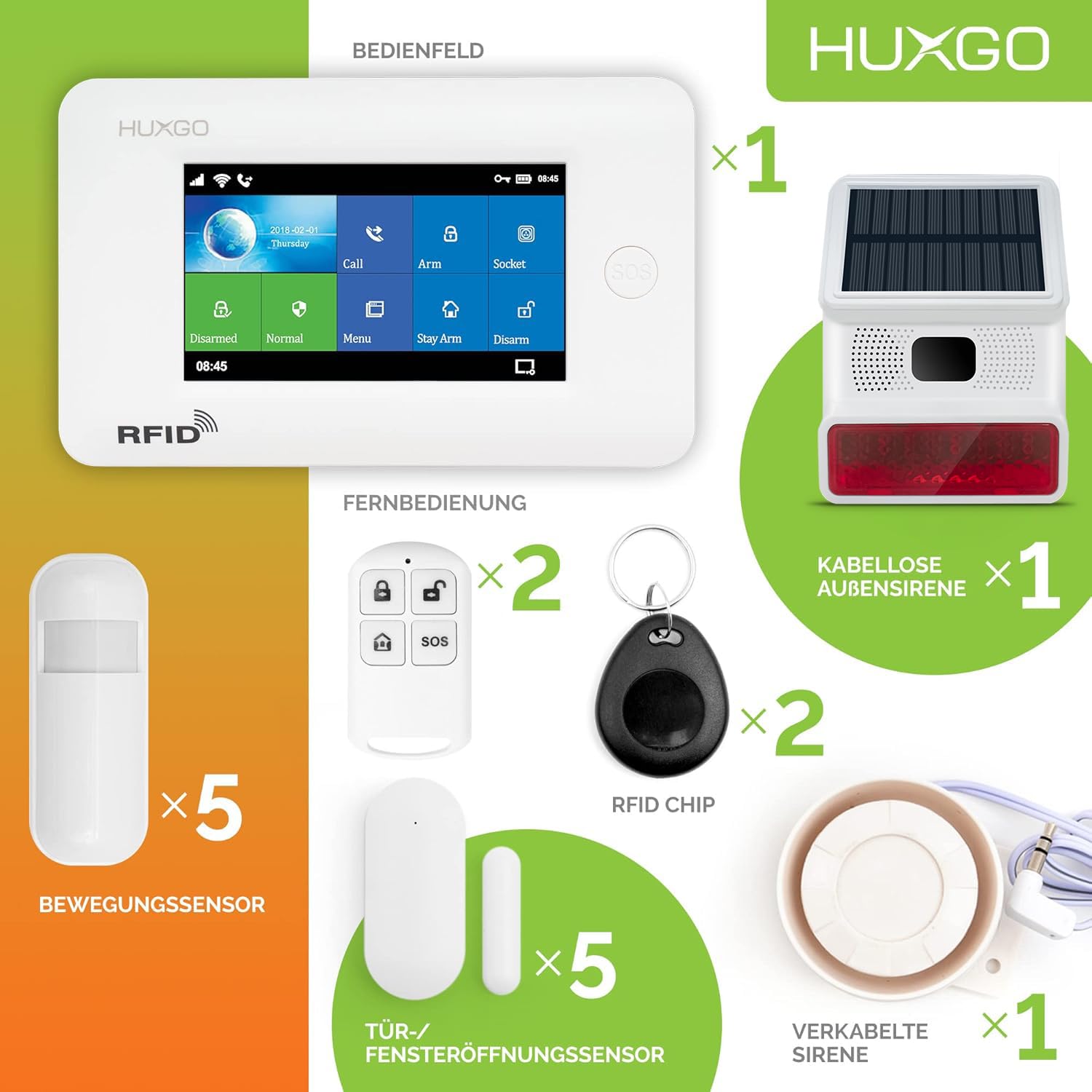 HXA006, Système d'alarme sans Fil, 5X détecteurs de Mouvement, 5X détecteur d'ouverture de Porte/fenêtrel, sirène sans Fil Modules : WiFi+ GSM 4G, alertes SMS, contrôle par téléphone