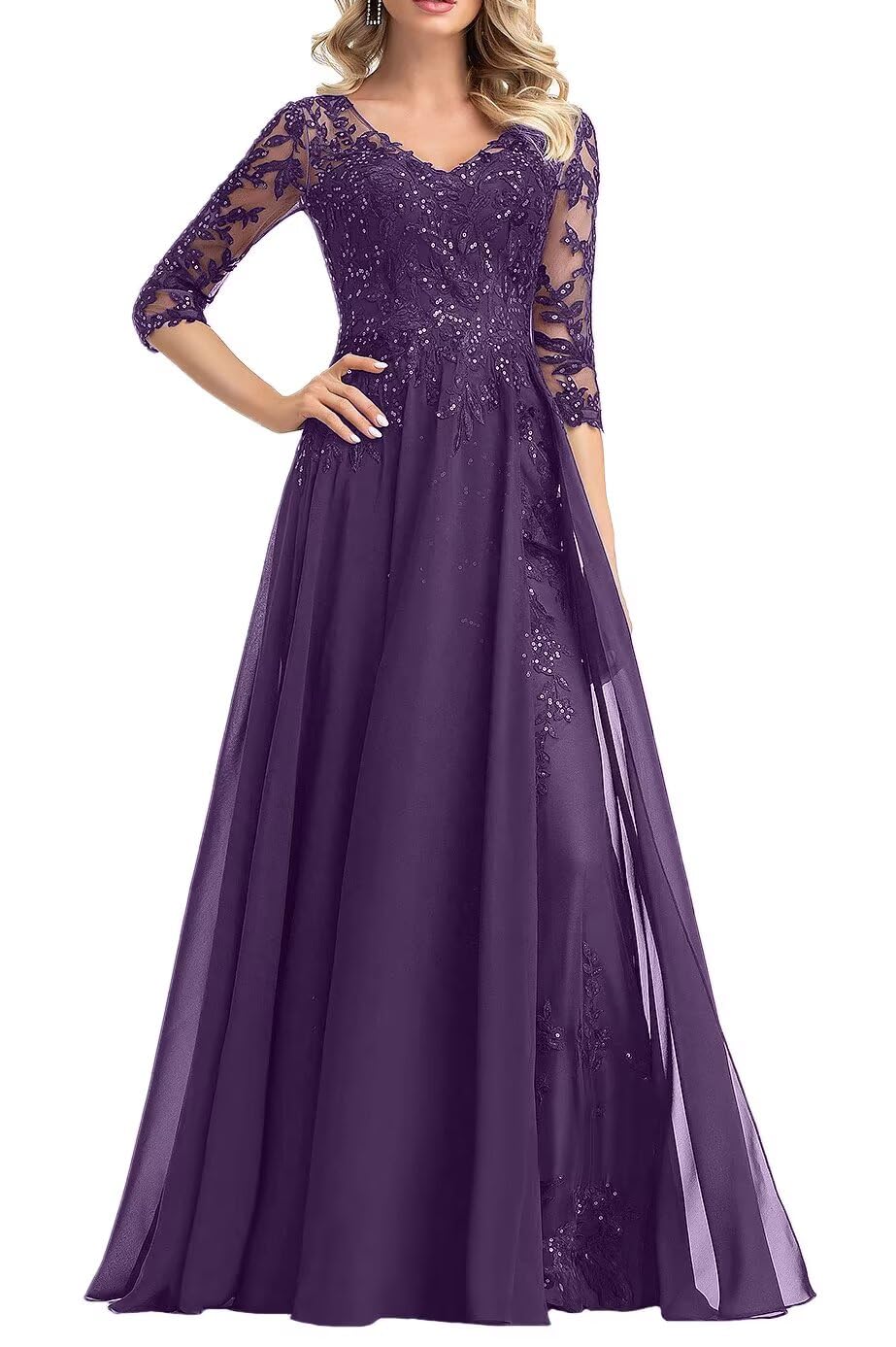 V Neck A Line Chiffon Mother of the Bride Dresses Women's Short Sleeve Sequins Lace Applique Wedding Guest Gowns