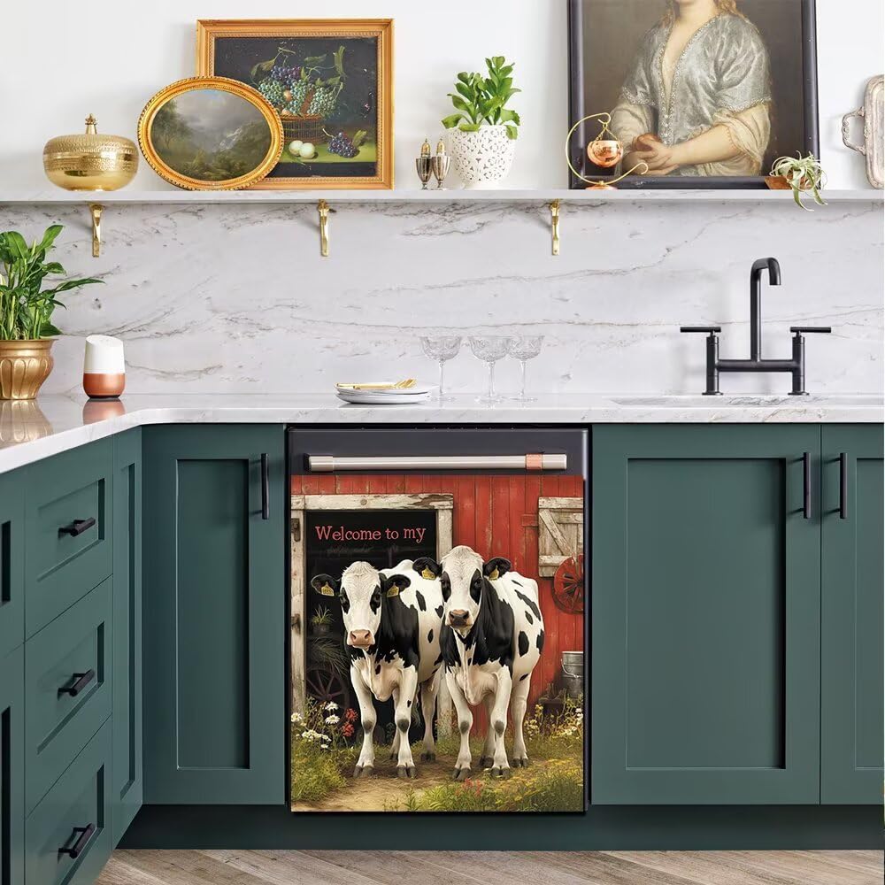 Farm Cow Dishwasher Magnet Cover for The Front,Frige Door Panel Decal,Farmhouse Cattle Decorative Magnetic Door Cover,Dishwasher Decal Country Rural Cattle Sticker for Kitchen Decor