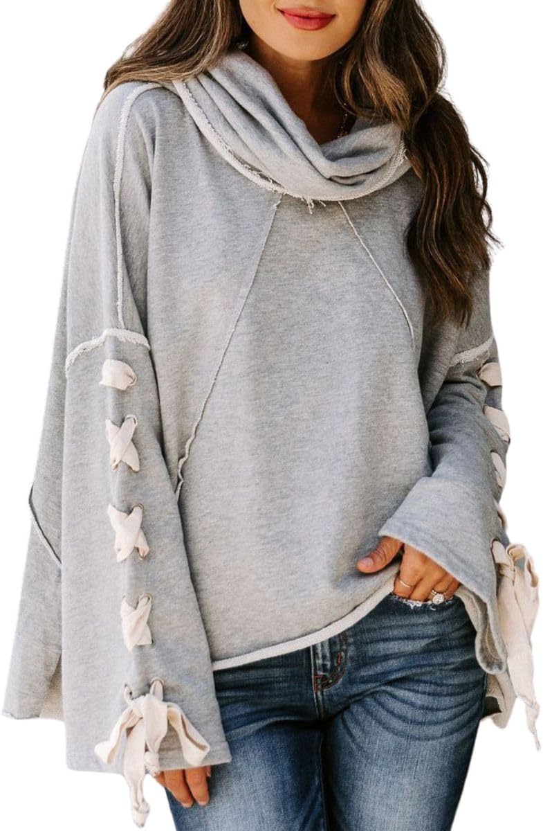 Women's Cowl Neck Pullover Sweatshirt Bow Tie Long Sleeve Loose Casual Boyfriend Hooded Sweatshirt