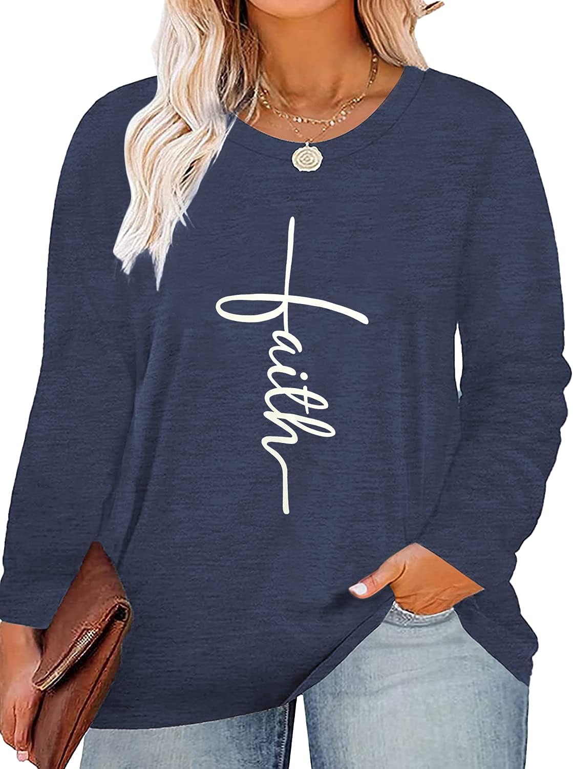 HDLTE Plus Size Long Sleeve Crewneck Shirts Womens Faith Graphic T-Shirt Christian Inspirational Tops (1X-4X)