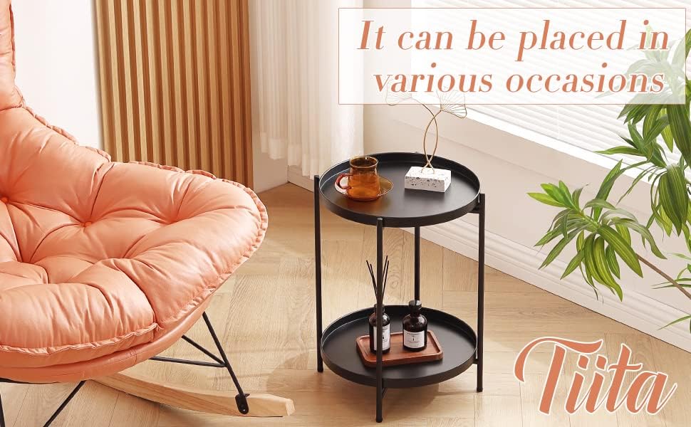 Miniatura 8 de Tiita Mesa auxiliar redonda mesa auxiliar mental mesita de noche mesas de madera pequeñas mesa de centro con bandeja de madera para sala de estar