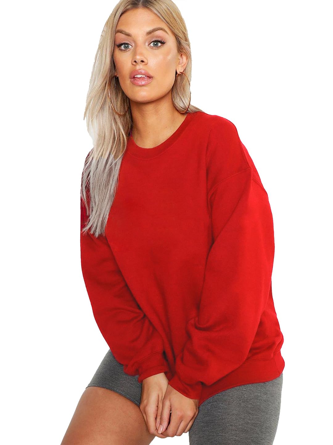 leotude Women Solid Red Loose Fit Sweatshirt Material Loopknit-picture-15