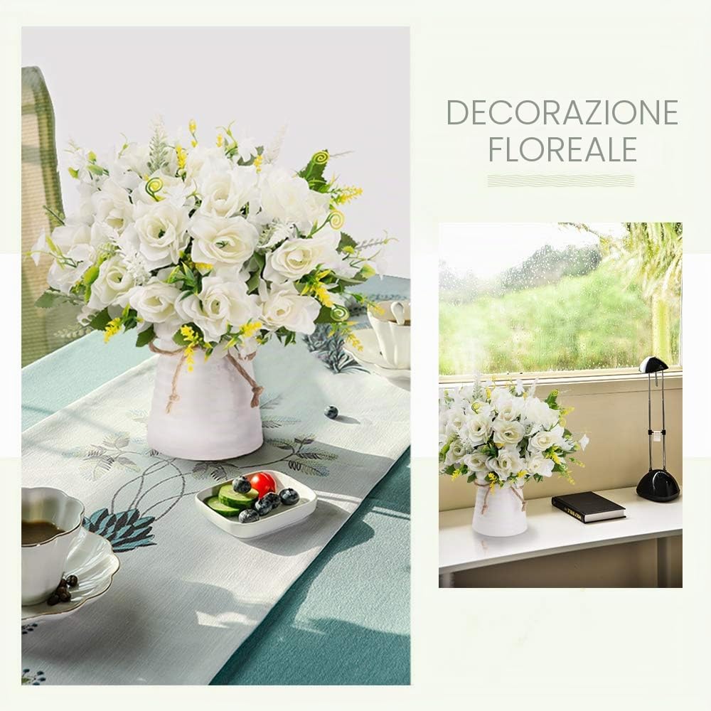LESING Fiori artificiali con vaso, fiori finti in seta in vaso, fiori di gardenia, decorazione per casa, tavolo, ufficio, feste (bianco)