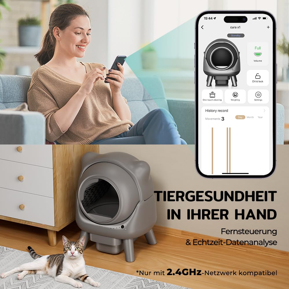 Cura X1 Litiere Chat Autonettoyante, 80+8L Litière Autonettoyante, Capteurs de Sécurité, Élimination des Odeurs, Commande App, Grande Capacité, Litière Automatique pour Plusieurs Chats