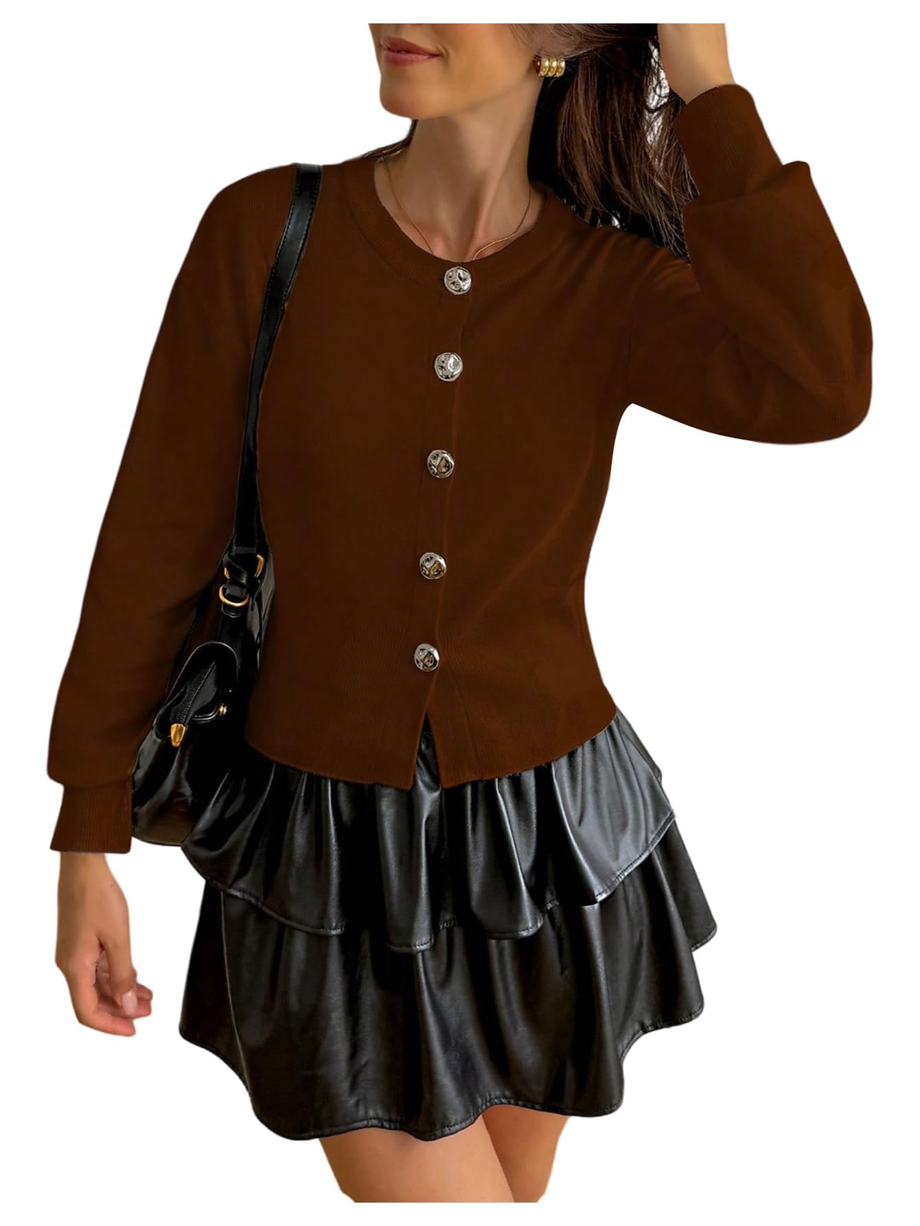 MakeMeChic Womens Button Up Cardigan Crew Neck Long Sleeve Knitted Sweater Old Money Clothes