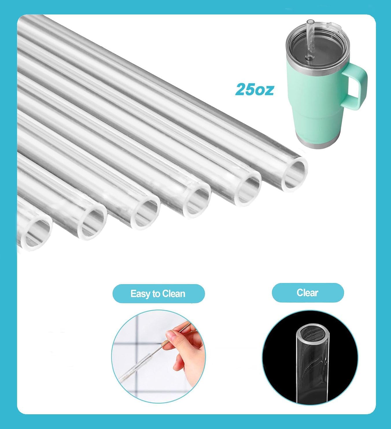 6Pcs 9 inch Reusable Straws Replacement for YETI 25oz Tumbler Lid, Clear Plastic Drinking Straws with 2 Cleaning Brushes - Image 2