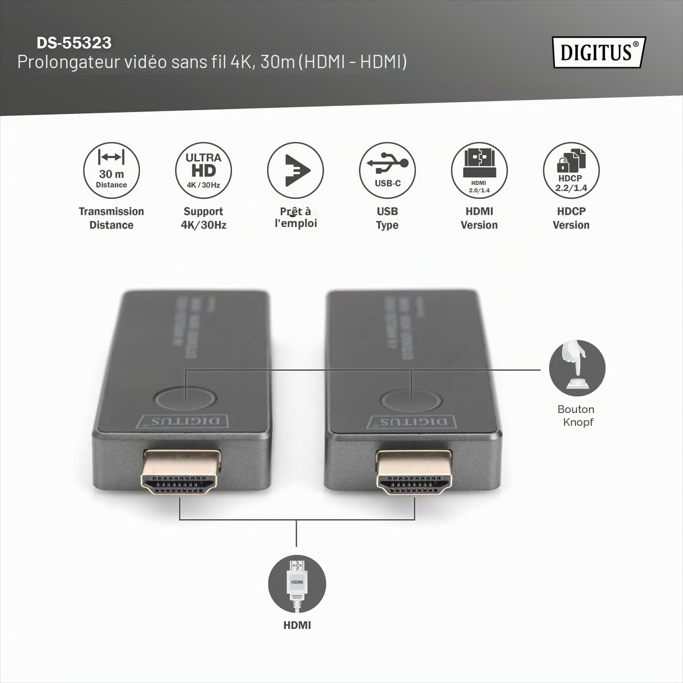 DIGITUS DS-55323 Extender HDMI sans Fil - UHD 4K 30 Hz - Portée de 30 m - Ensemble émetteur et récepteur - HDMI 2.0, HDCP 2.2 - Bi-Bande 2,4 Ghz 5 GHz - sans Application - Gris