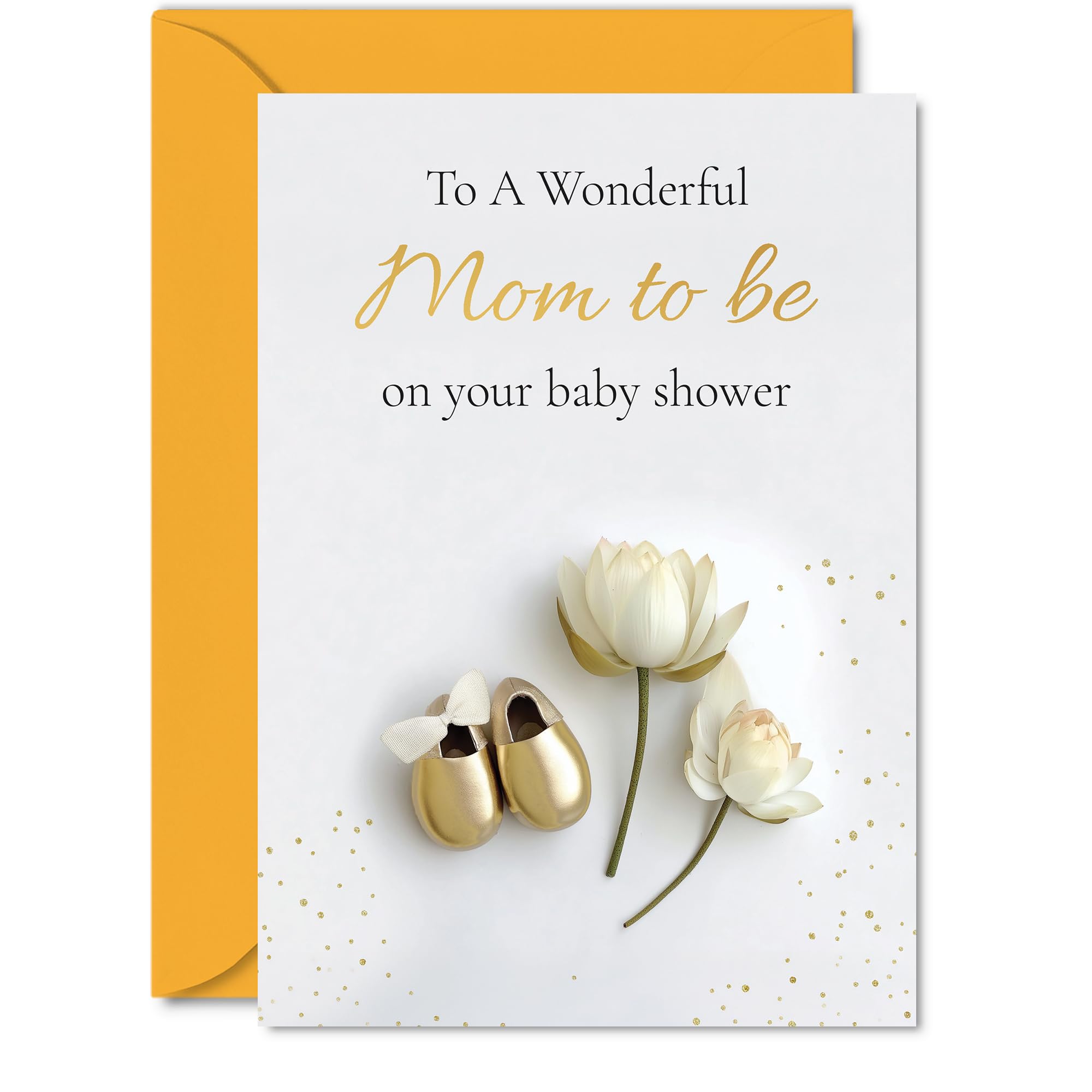 Heartfelt New Baby Card for Mom - Elegant Gold Florals and Baby Shoes - Celebrating a Wonderful Mum-to-be - Touch of Sparkle for Her Big Moment - 5X7 Inch, Envelope Included
