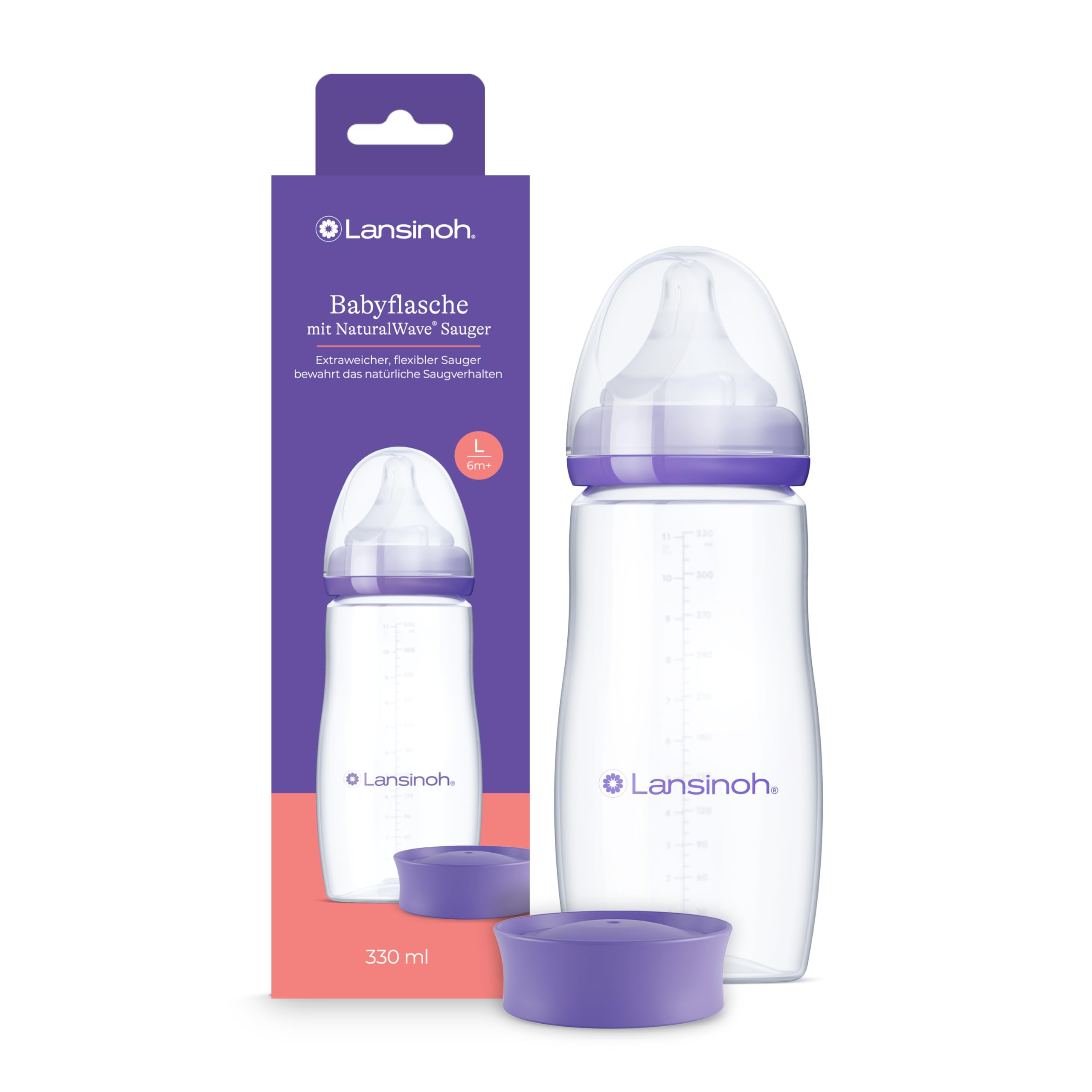 Lansinoh Babyflasche mit NaturalWave Sauger L, 330 ml - für Babys ab 6 Monate - Anti Kolik Ventil & BPA frei