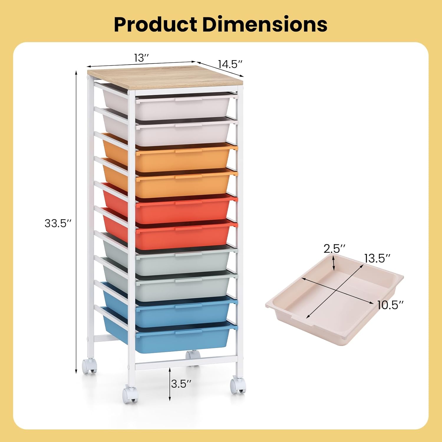 COSTWAY Rolling Storage Cart with Drawers, Multipurpose Utility Cart w/Wooden Tabletop & 2 Lockable Caster, Plastic Mobile Drawer Storage Organizer for Classroom, Home, Office (Macaron, 10 Drawers)
