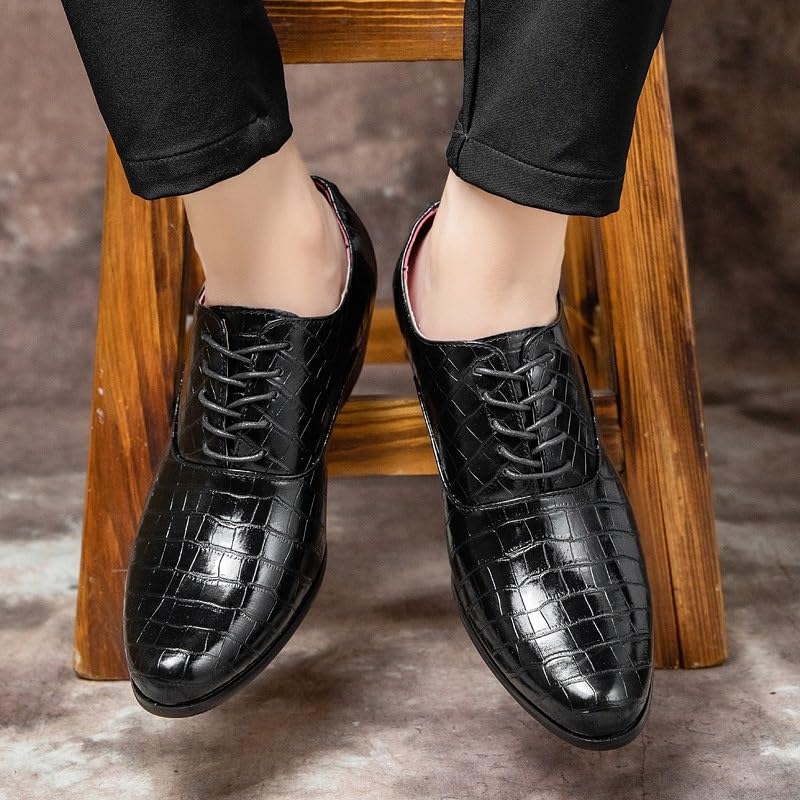 Battle Men Men’s Pointed Toe Lace-Up PU High Heel Oxford Dress Shoes – Plaid Embossed Formal Footwear for Wedding & Events3