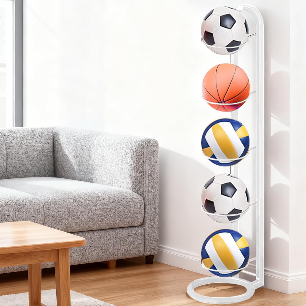 Soporte Balón Fútbol 5 Niveles, Estante Metálico Vertical para Baloncesto, Estantería Almacenaje Pelotas
