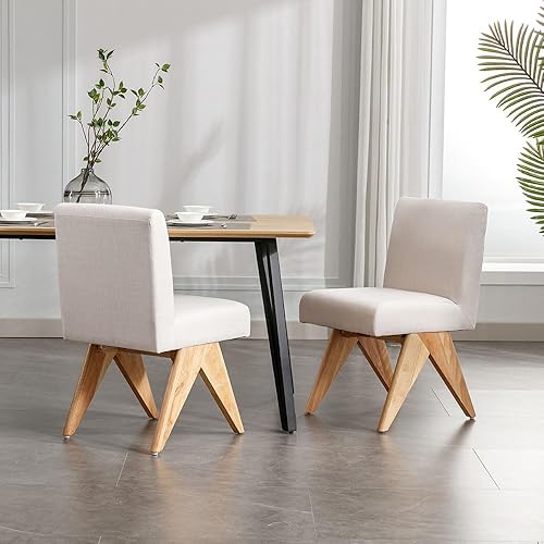 Miniatura 7 de Wahson Juego de 4 sillas de comedor modernas tapizadas de lino de mediados de siglo, silla de comedor de tela moderna sin brazos con patas de madera