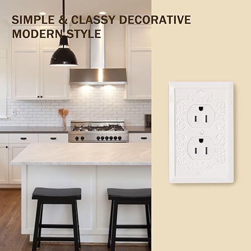 Miniatura 9 de Cubiertas de toma de corriente de diseño en relieve de pétalo estilo clásico blanco moderno, placas de pared para receptáculo eléctrico dúplex