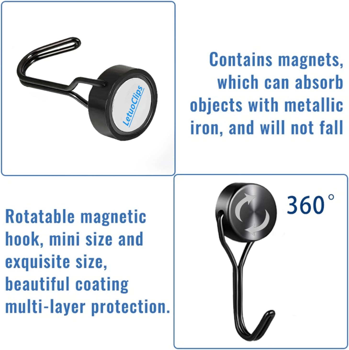 LetuoClips Magnetic Hooks,Heavy Duty Magnet Hooks Neodymium Swivel Hook Magnets for Fridge,Grill Utensils Tools,Refrigerator, Indoor Outdoor Hanging,Key Holder, Black, Pack of 4 : Industrial & Scientific