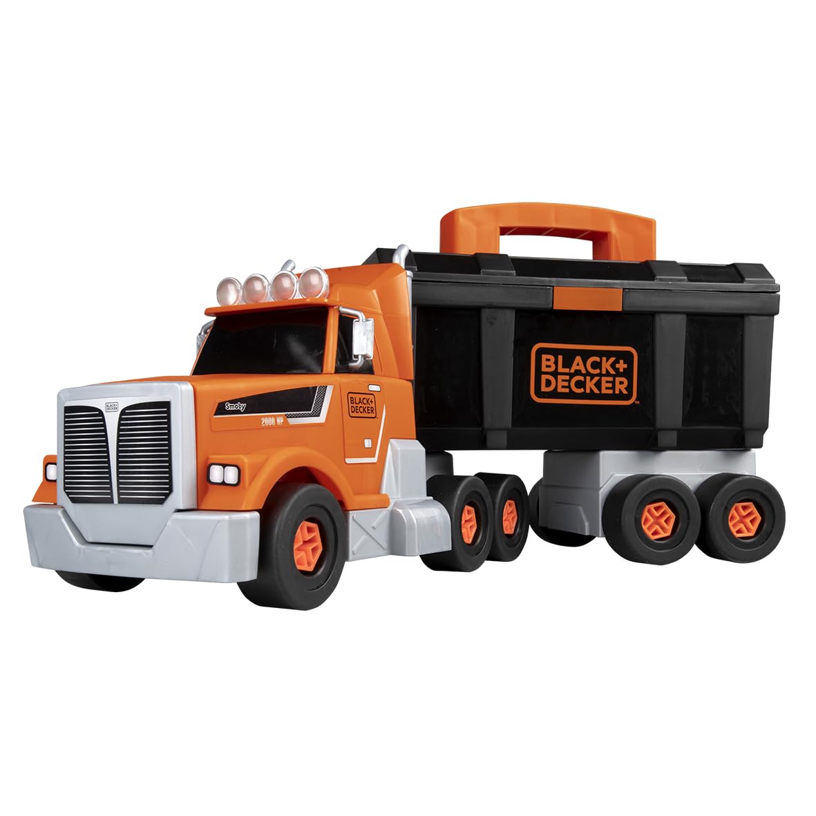 Smoby - Black+Decker Truck mit Werkzeugbox – Konstruktionsfahrzeug mit 60 Zubehörteilen – Werkzeug, Anhänger & Greifarm-Bauset – für Kinder ab 3 Jahren
