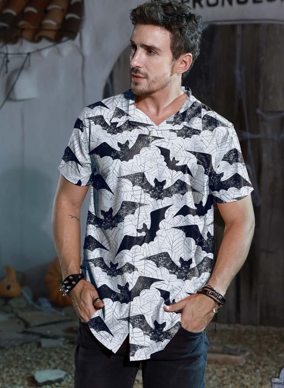 Arvilhill Men's Jack O' Lantern Shirts Short Sleeve Skeleton Button Up Shirt (S-3XL)3