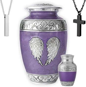 Family Tribute Set of Cremation Urn for Human Ashes Male & Female with 1 Large Urn,1 Small Keepsake & 1 Silver & 1 Black Cross Necklace- Purple Angel Wings