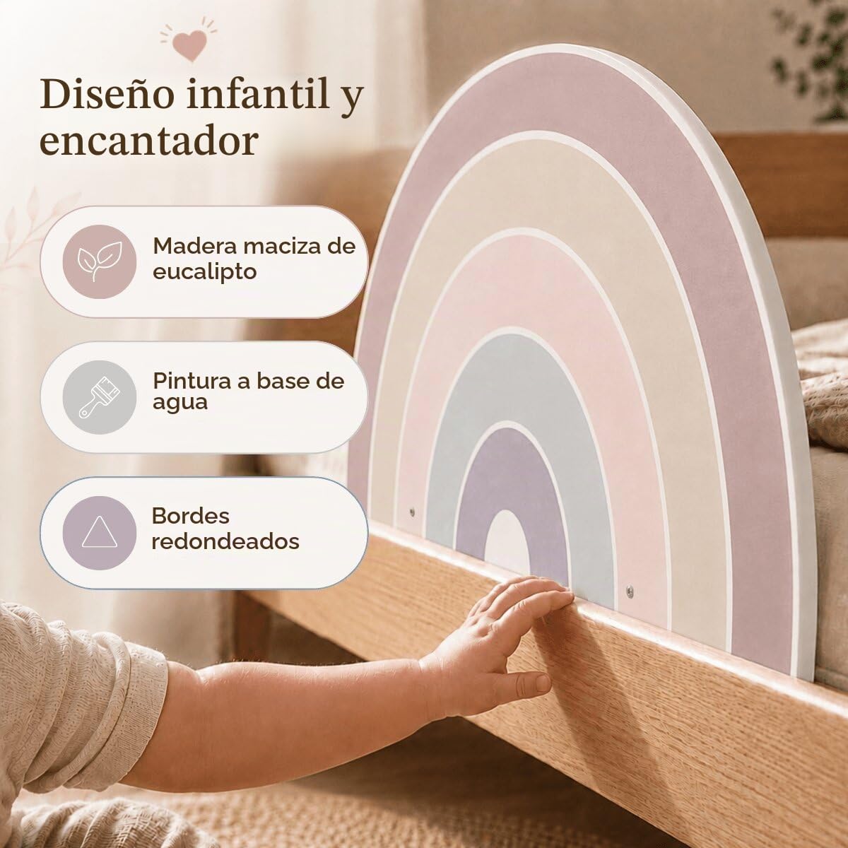 Barrera anticaídas de madera en bonito diseño para niños, barandilla anticaídas Remy para habitación de los niños, barandilla de protección para cama infantil, cama de hasta 200 cm, bonita