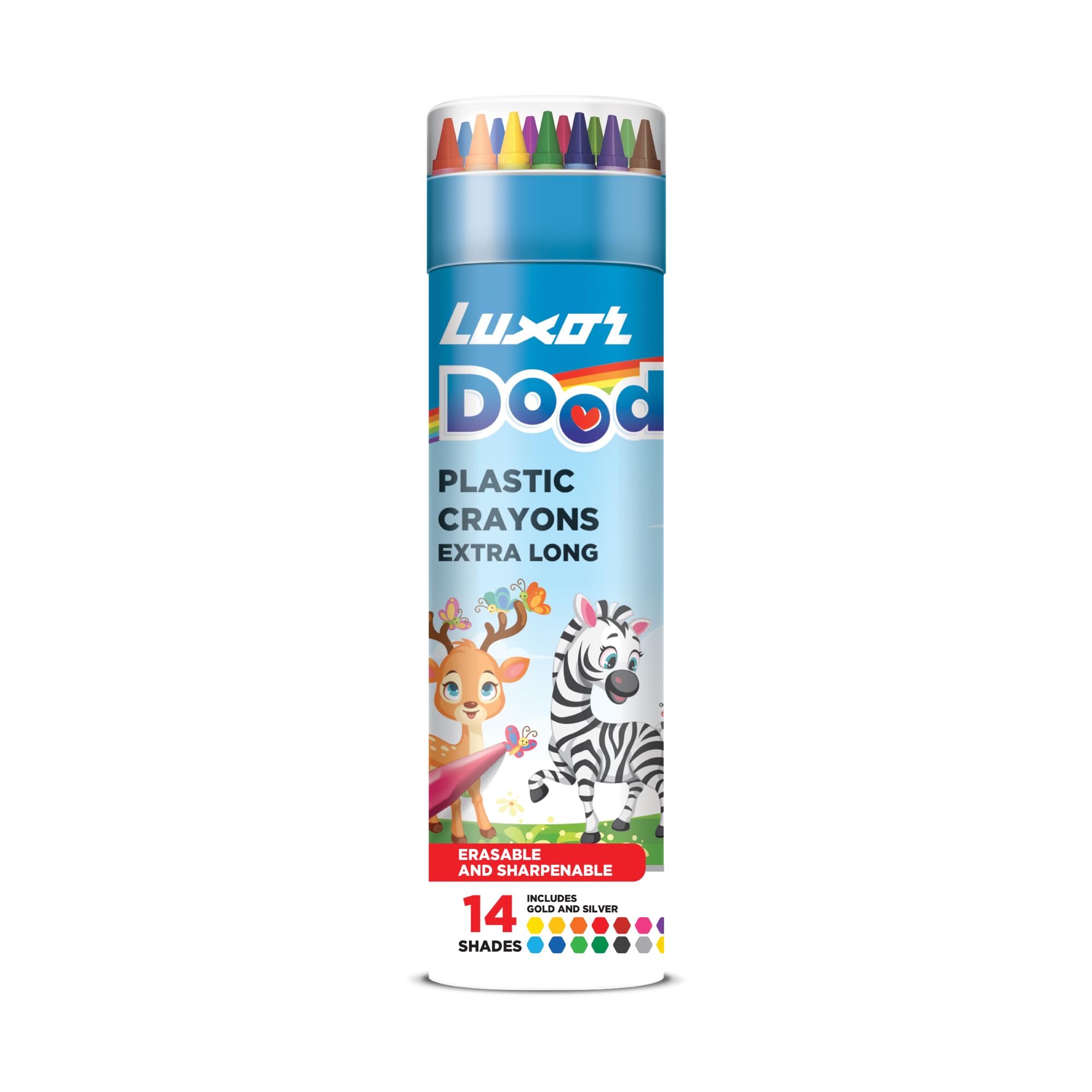 Luxor Doodles Extra Long Plastic Crayons|14 Assorted Shades| 1 Free Sharpener | Perfect For Young Artists