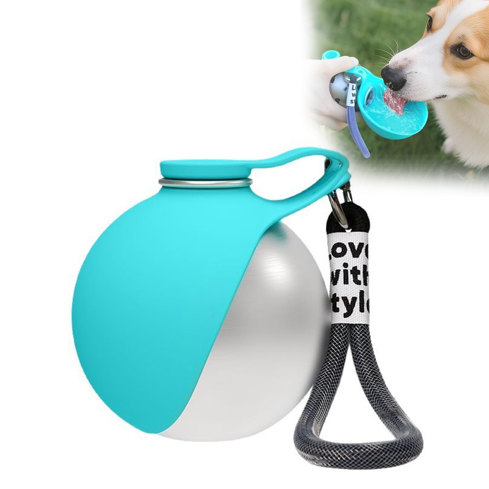 Stainless Steel Dog Water Bottle - 285ml Water Feeder Leak Proof Puppy Water Dispenser with Foldable Silicone Bowl,2-in-1 Portable Dog Water Bottle for Pets Outdoor Walking,Hiking,Travel (Blue)