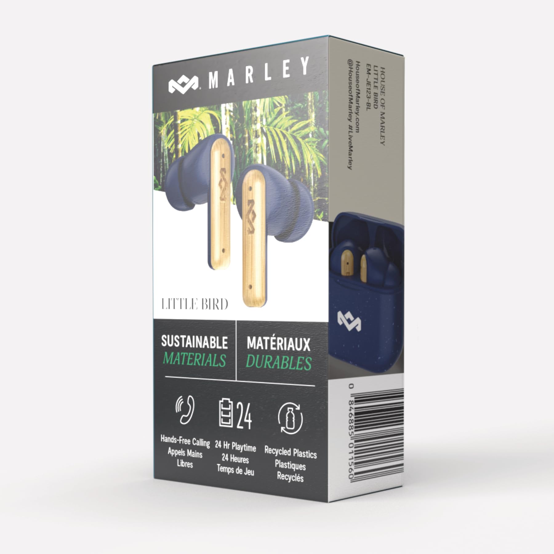 Marley House of Little Bird True Wireless Bluetooth Earbuds - IPX4, Azul | Auriculares Inalámbricos, Micrófono Integrado, 24 Horas de Reproducción, Carga Rápida por USB-C, Sostenibles