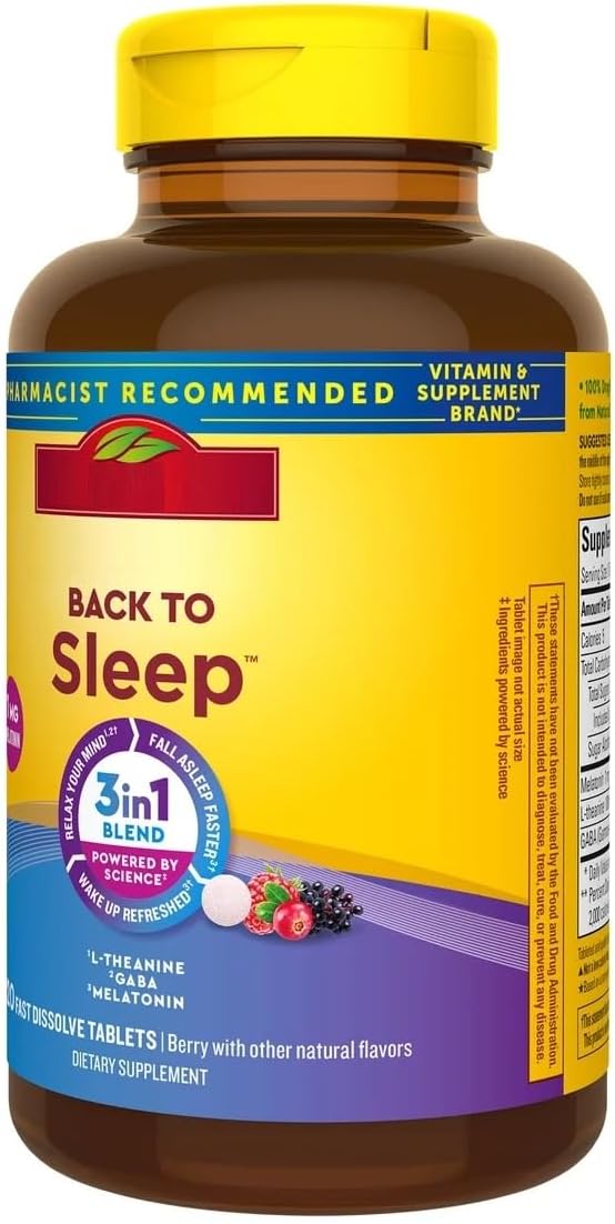 Naturally Made Back to Sleep Aid - 1mg Low Dose Melatonin, 100mg L-Theanine, 100mg GABA - 120 Fast Dissolve Tablets for Middle of The Night Support - Drug-Free, Non-Habit Forming, Blueberry Flavor