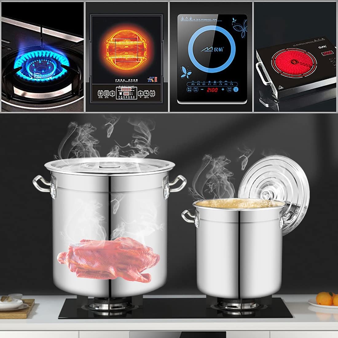 Cacerola de acero inoxidable con tapa | Olla de cocción de gran capacidad adecuada para guisos, cocer a fuego lento, fideos y preparación. Utensilios de cocina duraderos de acero inoxidable para