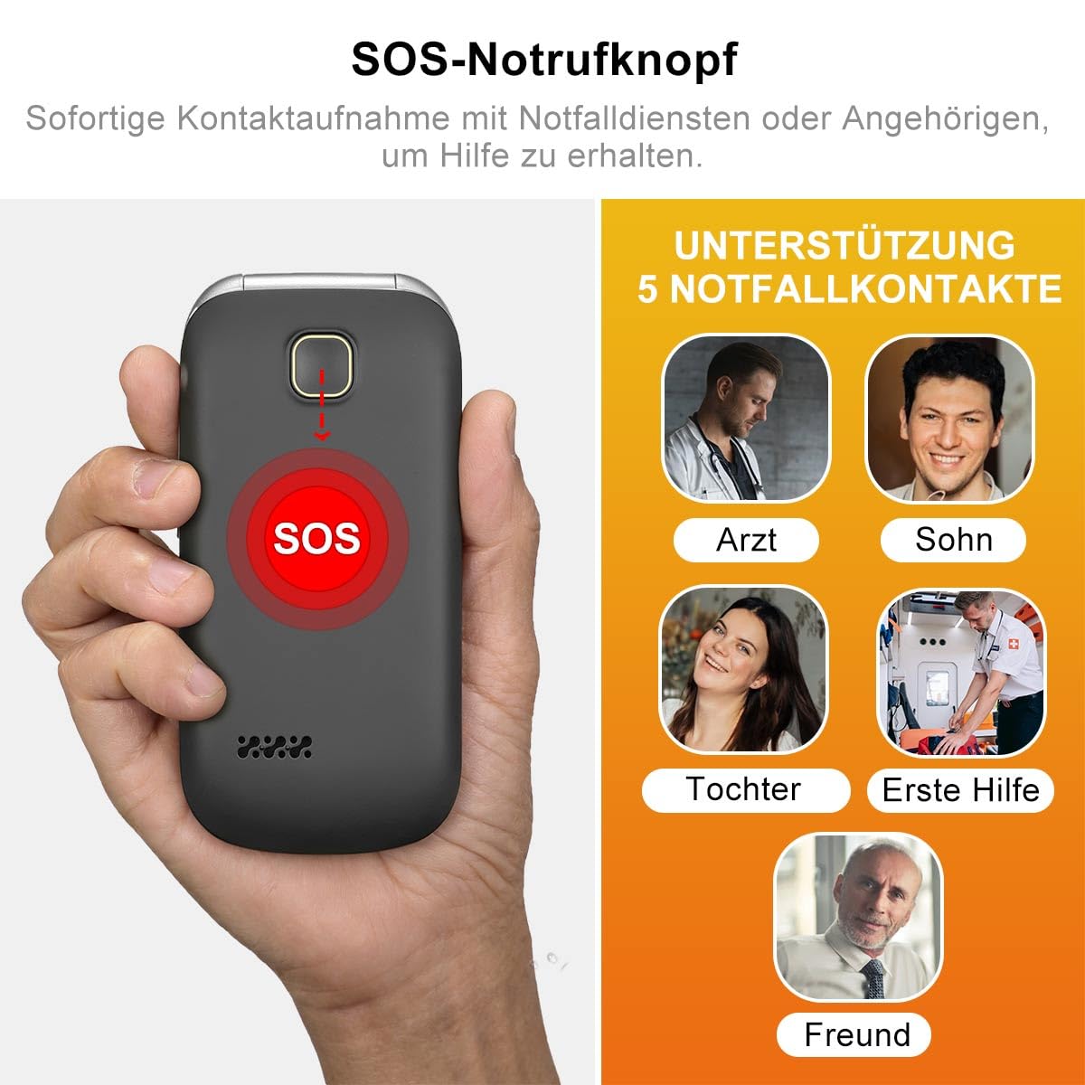 4G Seniorenhandy Klapphandy ohne Vertrag, Großtasten Handy für Senioren mit SOS Notruffunktion, Einfach zu bedienen, 2,4+1,44 Zoll Dual Display, Ladestation, FM Radio