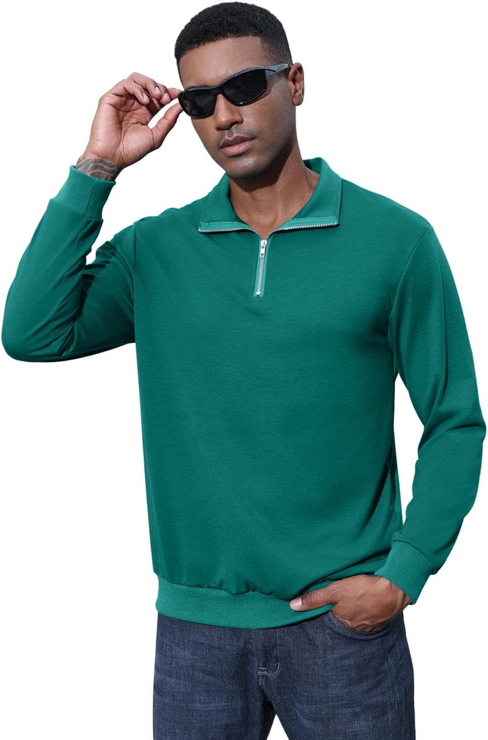 Men's Fashion Quarter Zip Pullover Mock Neck Sweatshirts Long Sleeve Cotton Solid Zip Up Polo Shirts - Image 4