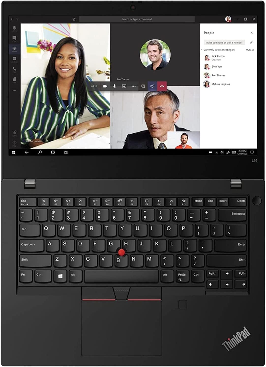 Top-down view of the Lenovo ThinkPad L14 Gen2 keyboard and screen, showing a video conference call in progress.
