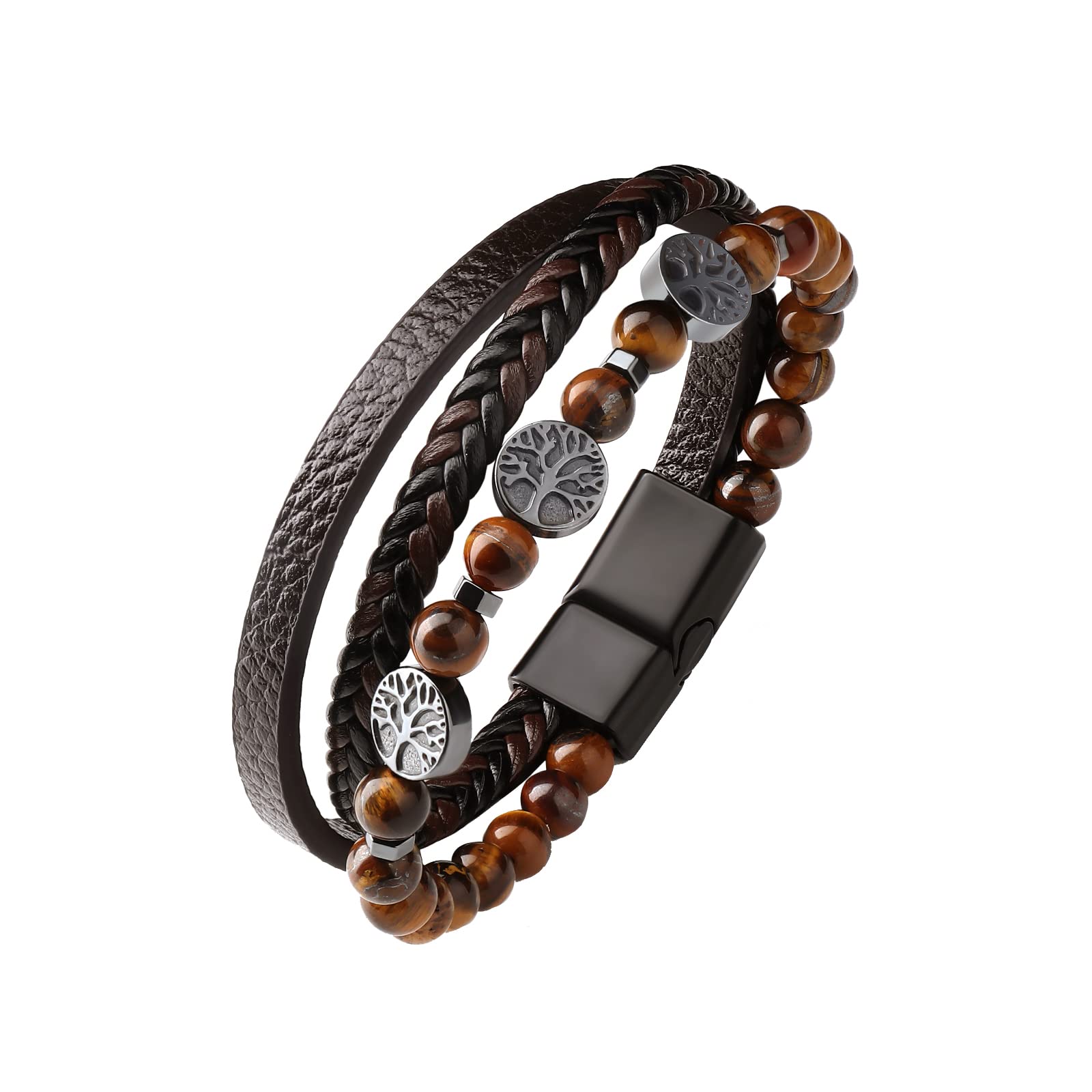 Dochais 3 Piezas Pulseras De Cuero Para Hombre, Tejido a Mano, Acero Inoxidable, Pulsera De Los Hombres, Pulsera De Acero Inoxidable De Cuero Genuino, Con Cierre De Imán (1Pcs)