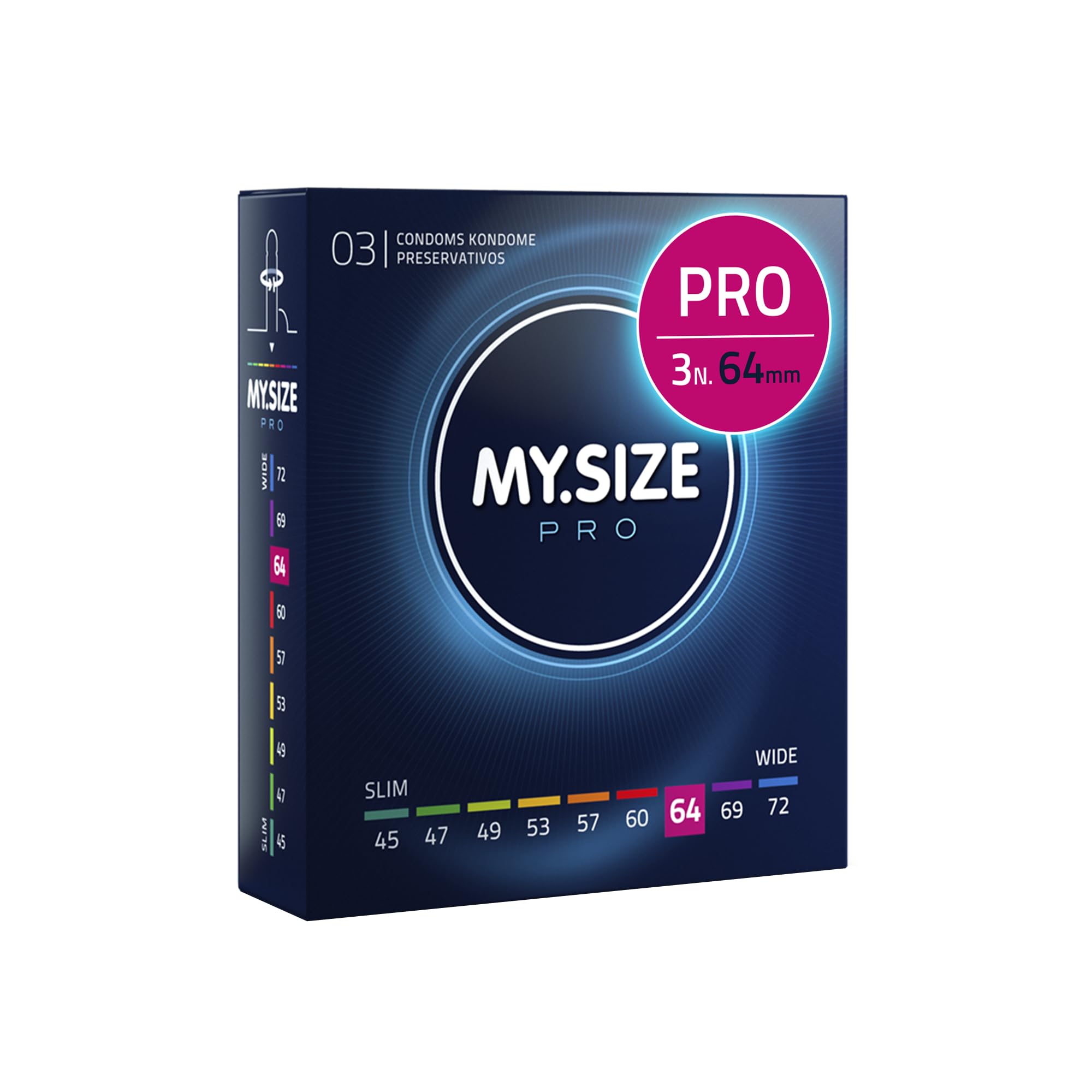 MY.SIZE PRO Preservativi ELITE taglia 6, 64 mm, XL, 3 preservativi, vestibilità perfetta e dimensioni adatte a tutti