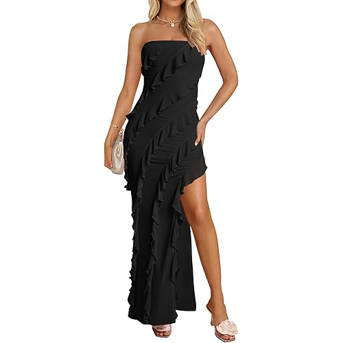 ZESICA Women's 2024 Strapless Bodycon Dress Sexy Off Shoulder Mesh Tassel Ruffle Side Split Tube Party Maxi Dresses