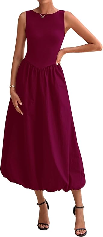 BTFBM Women's 2025 Summer Casual Sleeveless Midi Dress Patchwork Knit Tank Bubble Long Flowy Beach Maxi Sundress Pockets